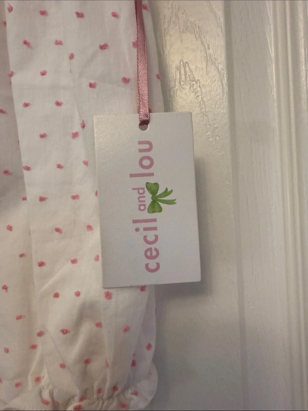 White Baby One-Piece with Pink Dot Trim and Scalloped Collar